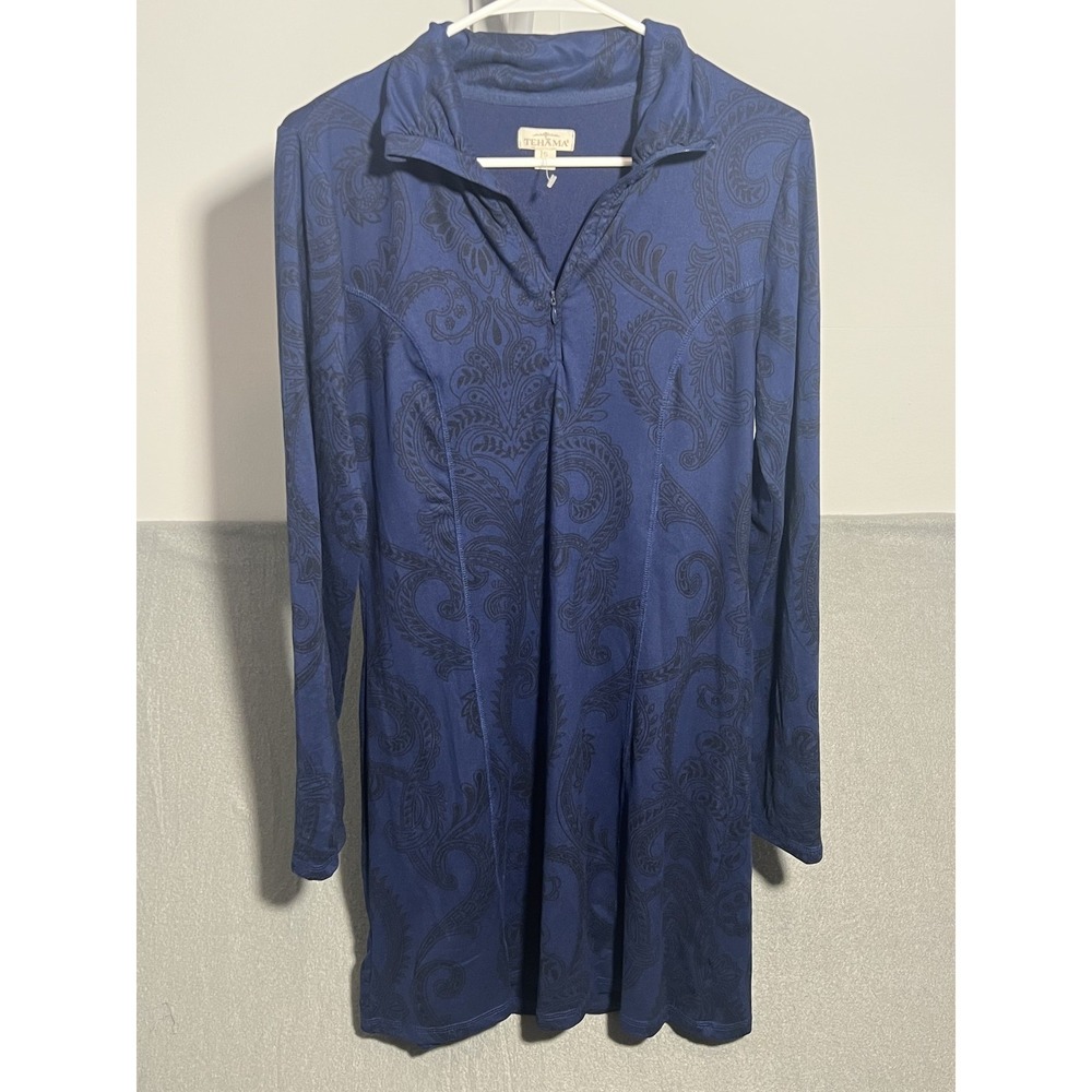 Tehama Women's S Blue Paisley Print Long‎ Sleeve Collared Zip Neck Dress
